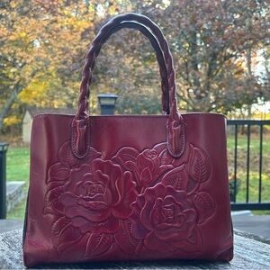 Patricia Nash Rose Embossed Leather Satchel in Deep Red